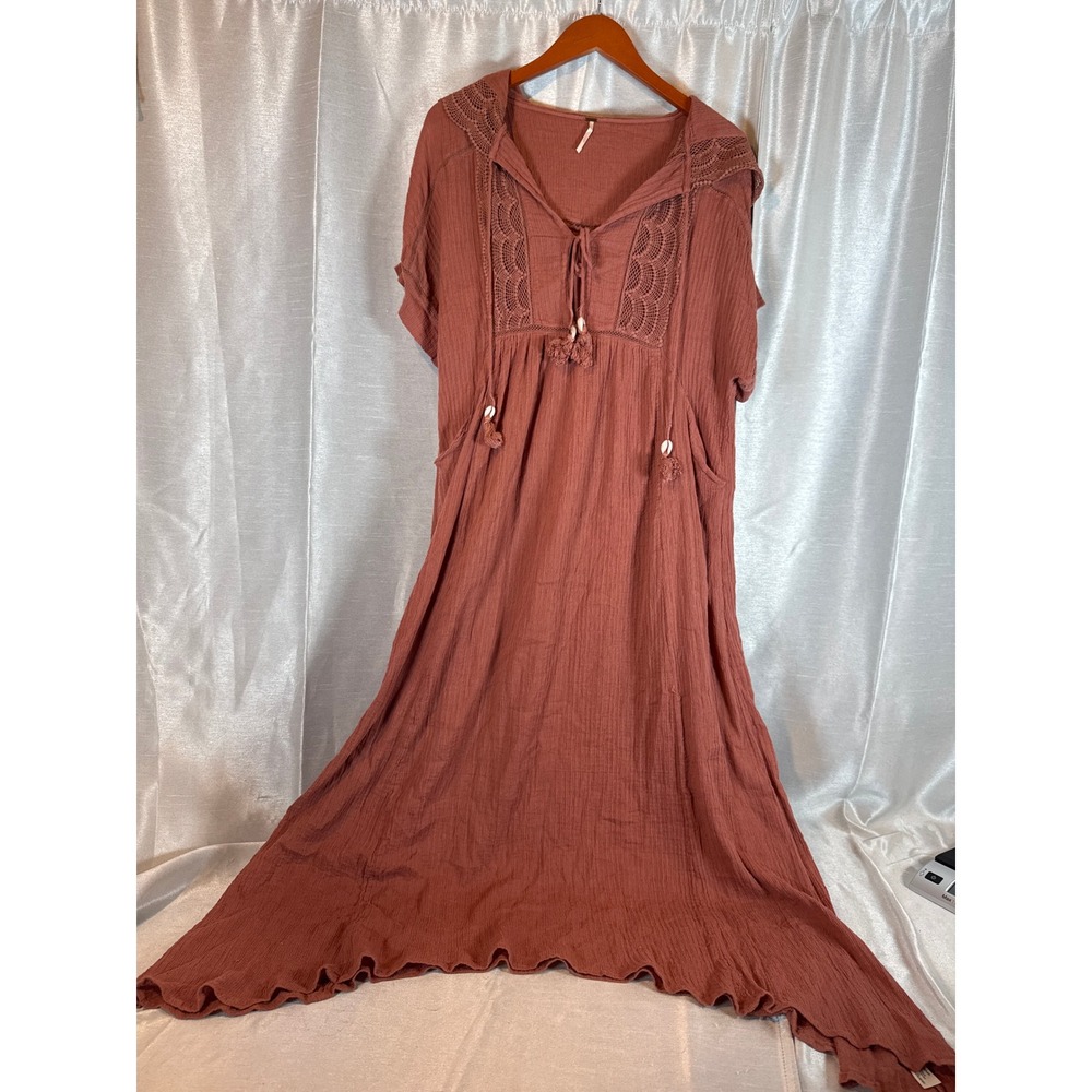 Free People XS Hooded Maxi Dress Crochet Accents‎ Pockets Casual Boho Chic